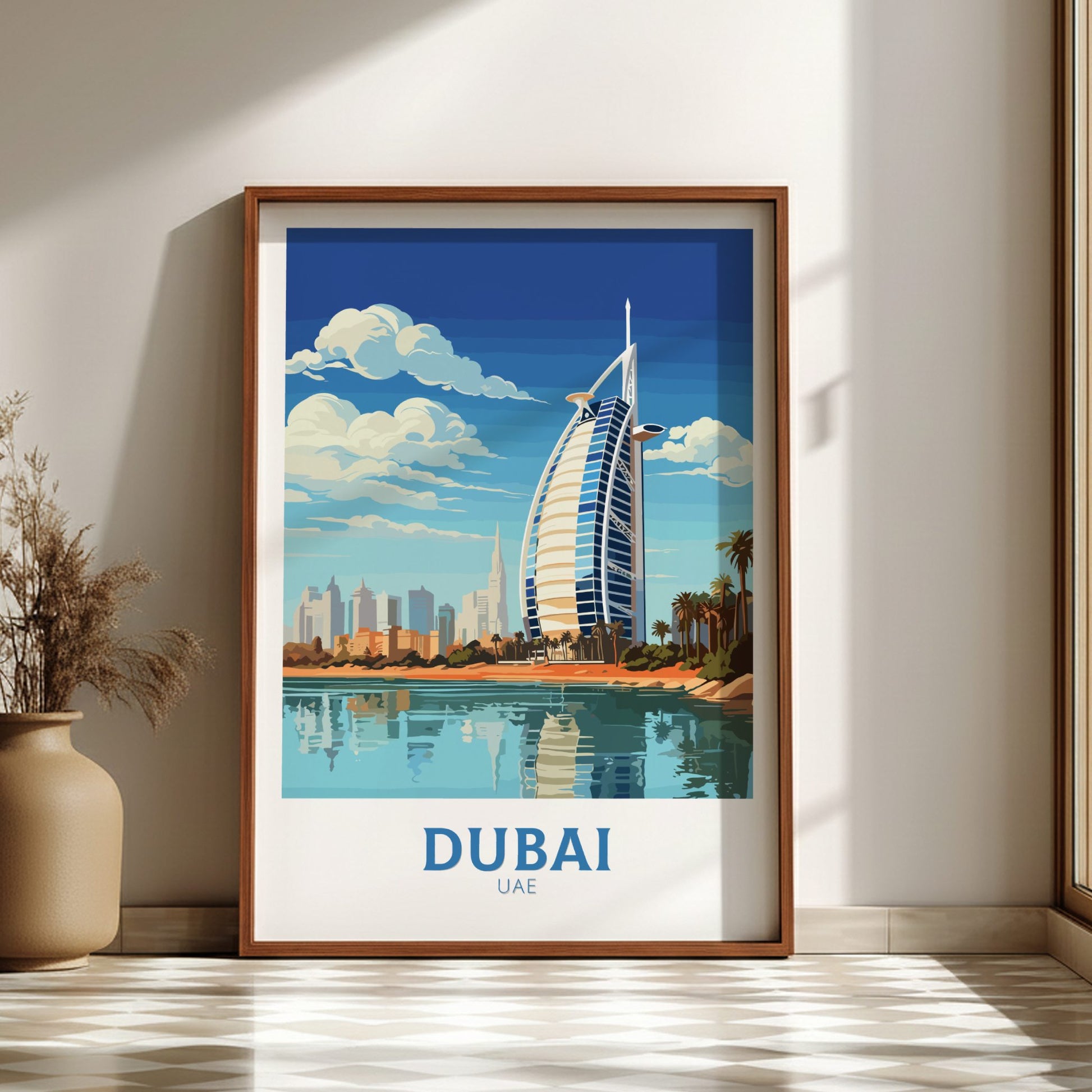 Framed poster of Dubai with Burj Al Arab in a room setting