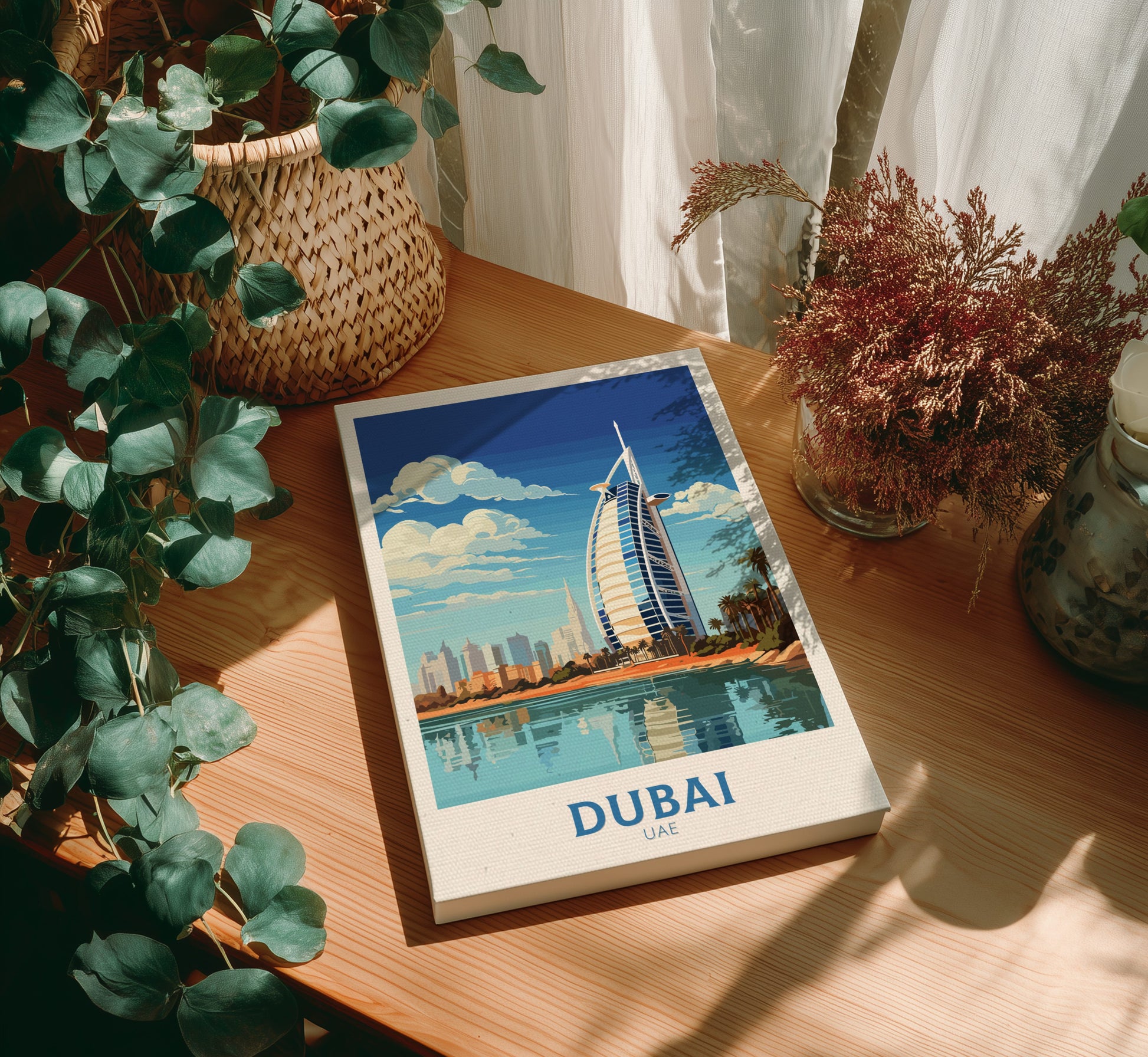 Canvas with Dubai illustration on a wooden table with plants