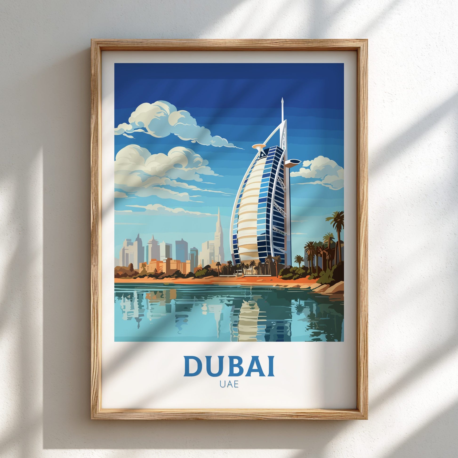 Framed artwork of Dubai with the Burj Al Arab and skyline.