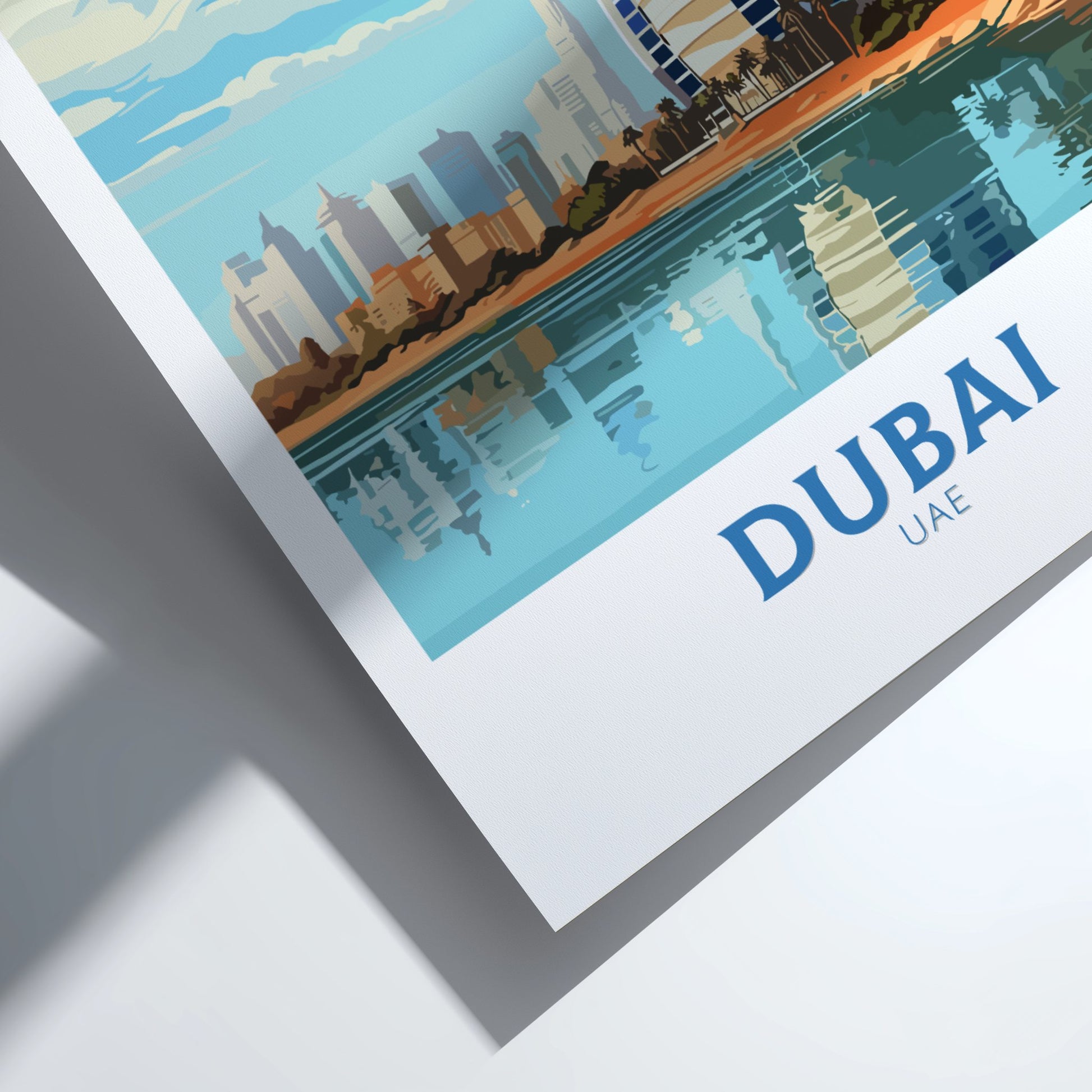 Framed artwork of a city skyline with 'Dubai UAE' text on a white background