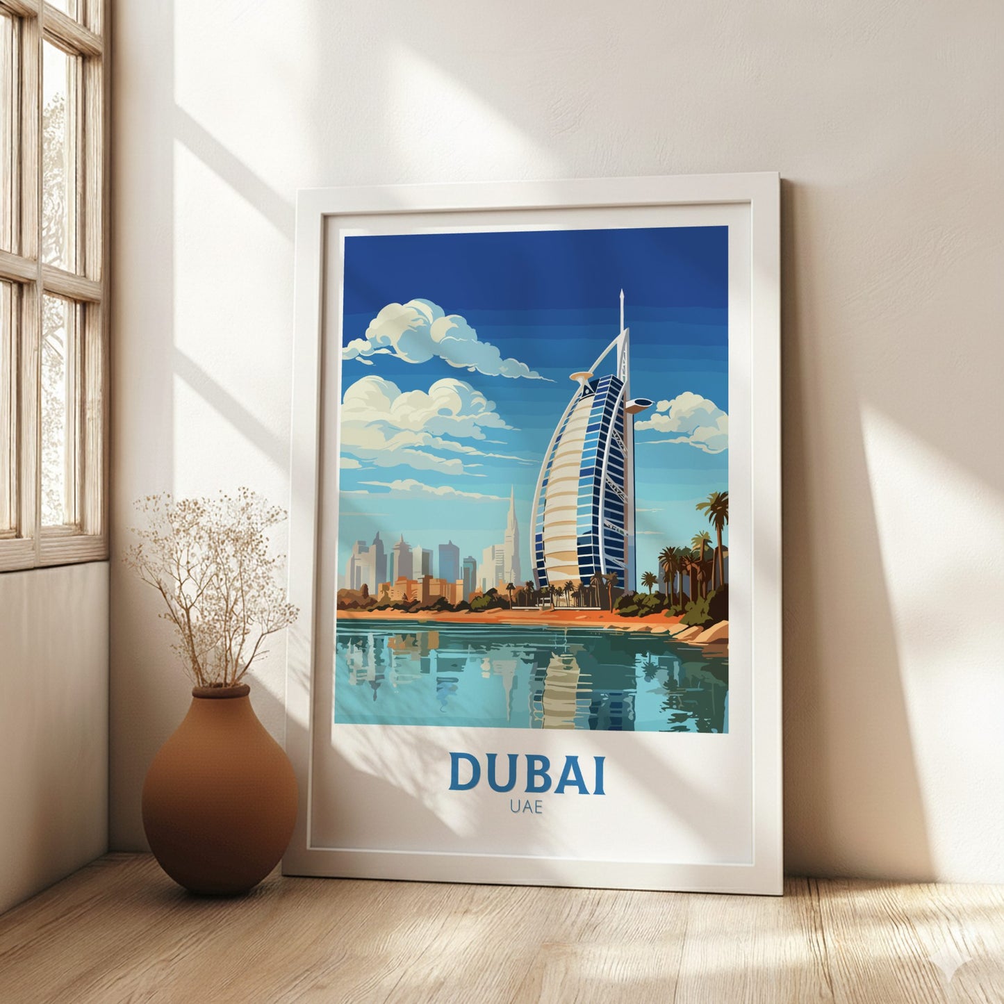 Framed poster of Dubai with Burj Al Arab in a room with a vase and plant.