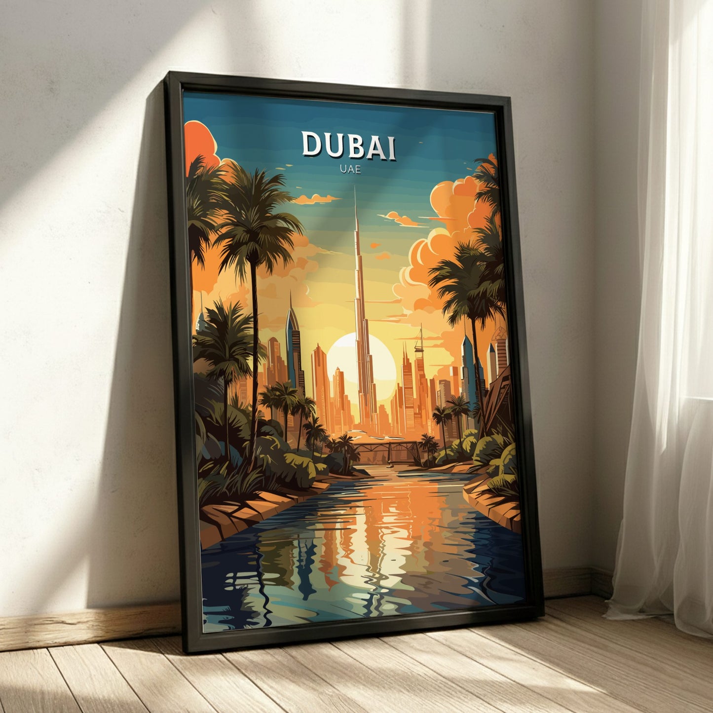Framed poster of Dubai with palm trees and skyline on a wall.