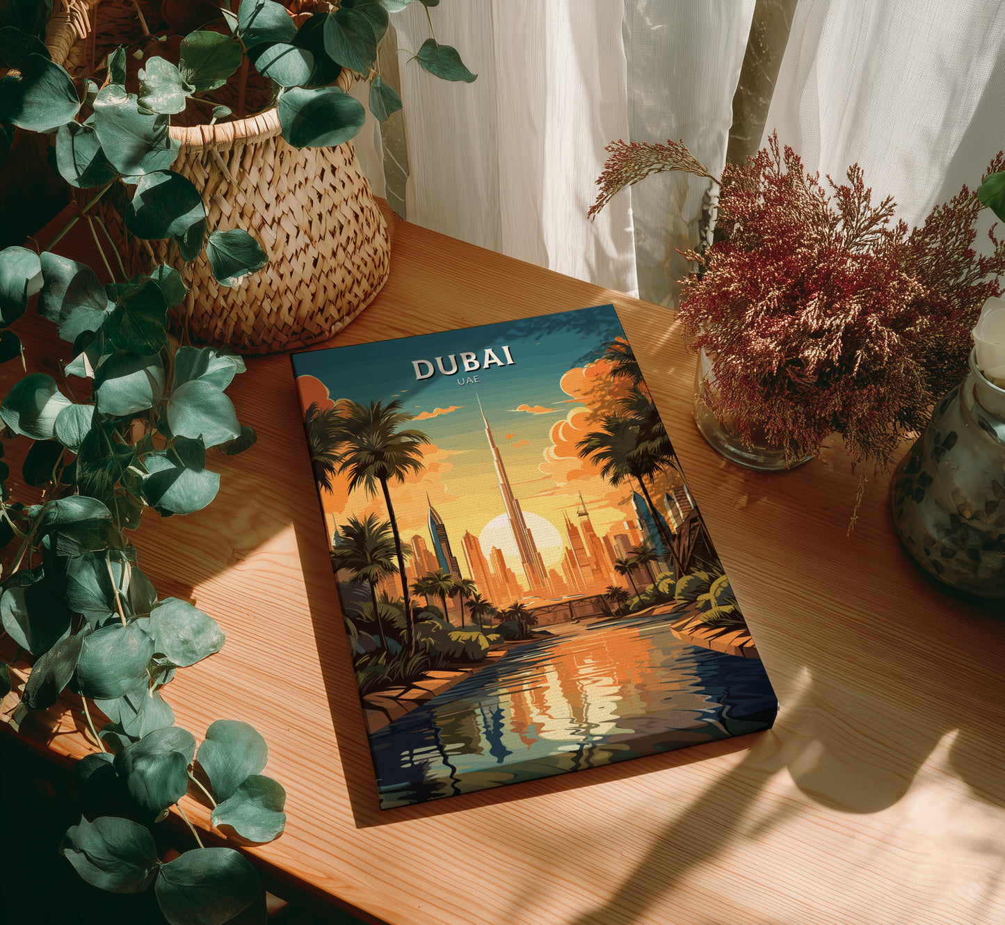 Book titled 'Dubai' on a wooden table with plants around
