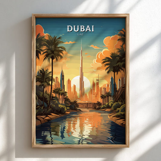 Framed artwork of Dubai with palm trees and skyline.