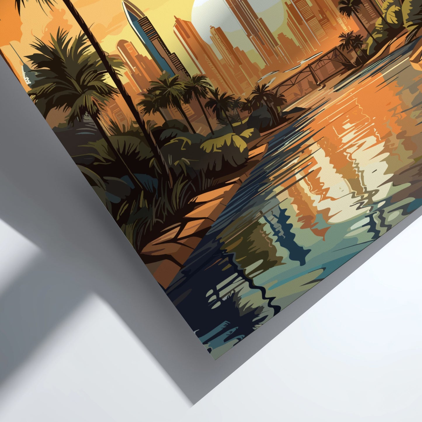 Tropical cityscape with palm trees and modern buildings reflected in water, sunset or sunrise.