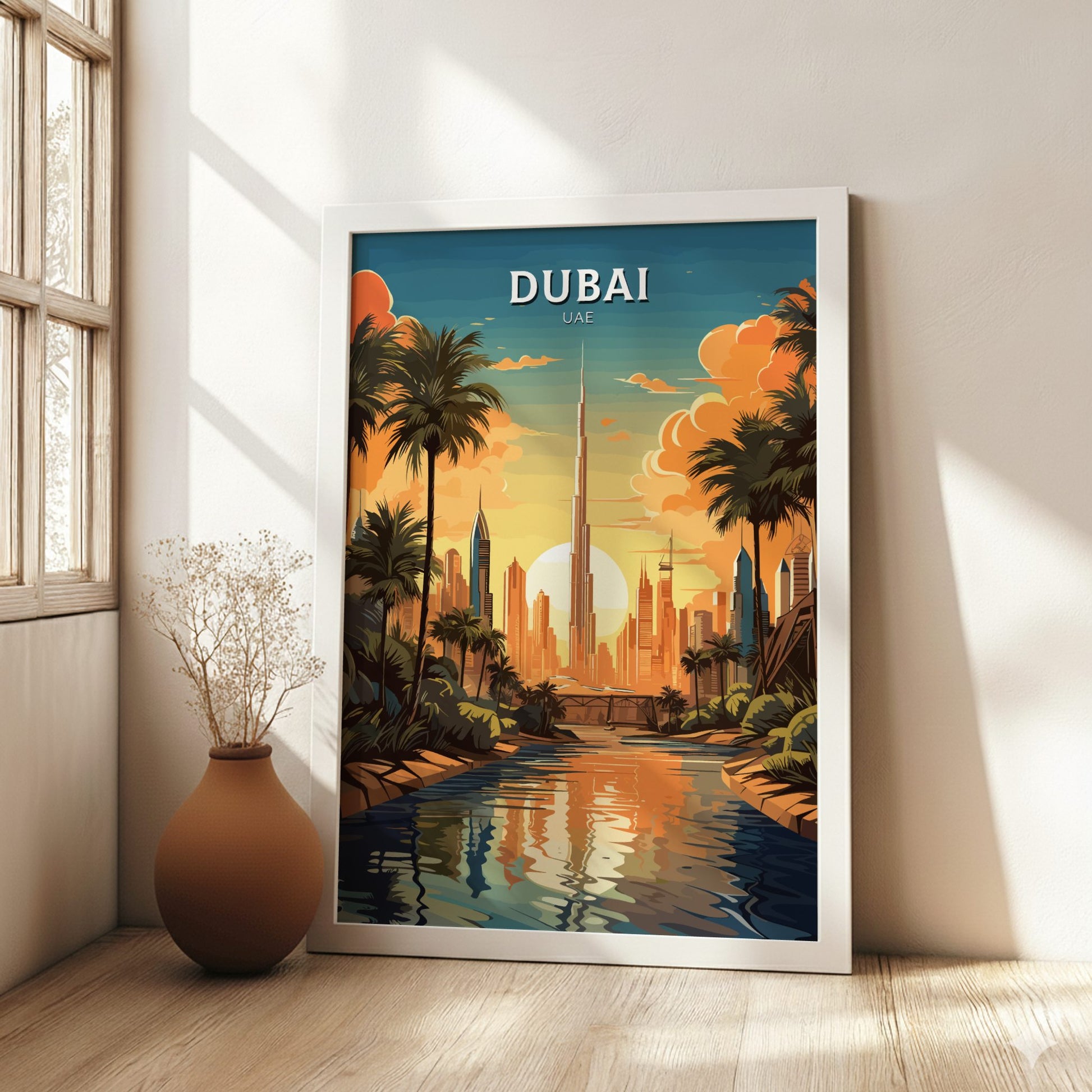 Framed poster of Dubai with palm trees and city skyline in a room with a vase and plant.