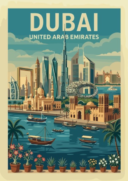 Vintage Dubai skyline travel poster with a retro illustration style and a warm color palette.