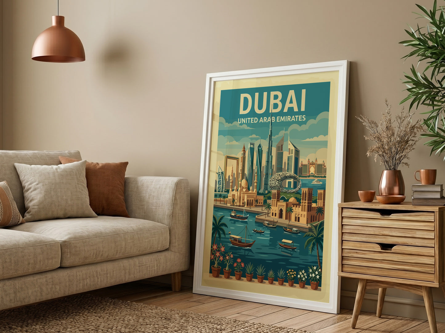 Vintage Dubai skyline travel poster with a retro illustration style and a warm color palette.