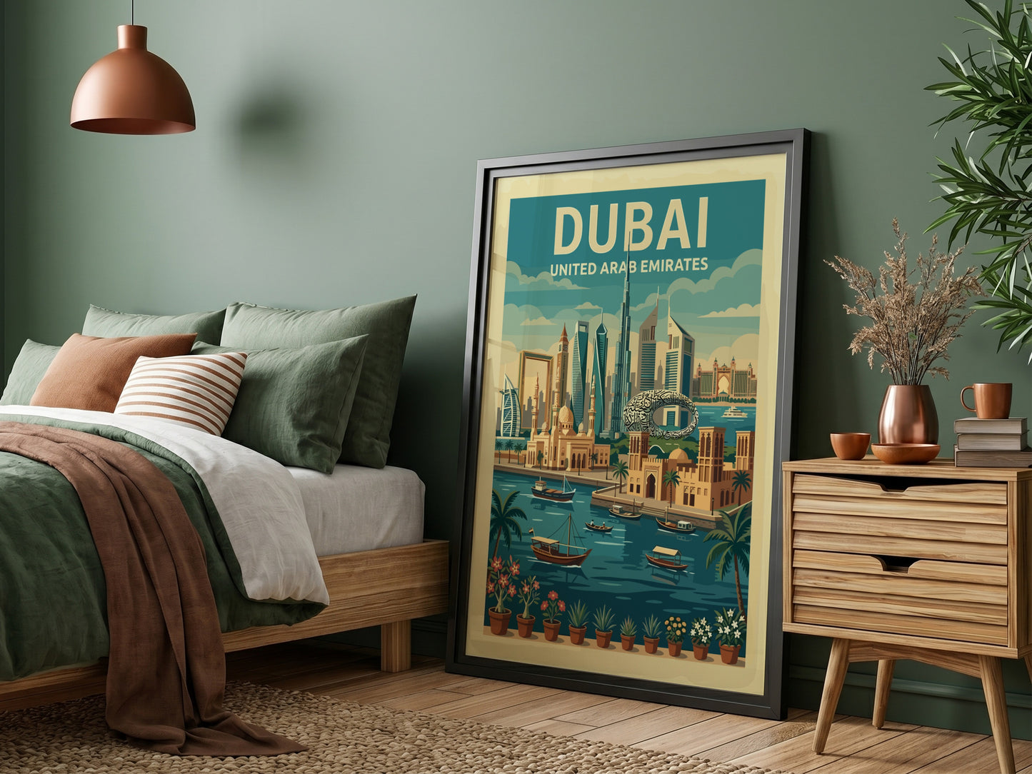 Vintage Dubai skyline travel poster with a retro illustration style and a warm color palette.