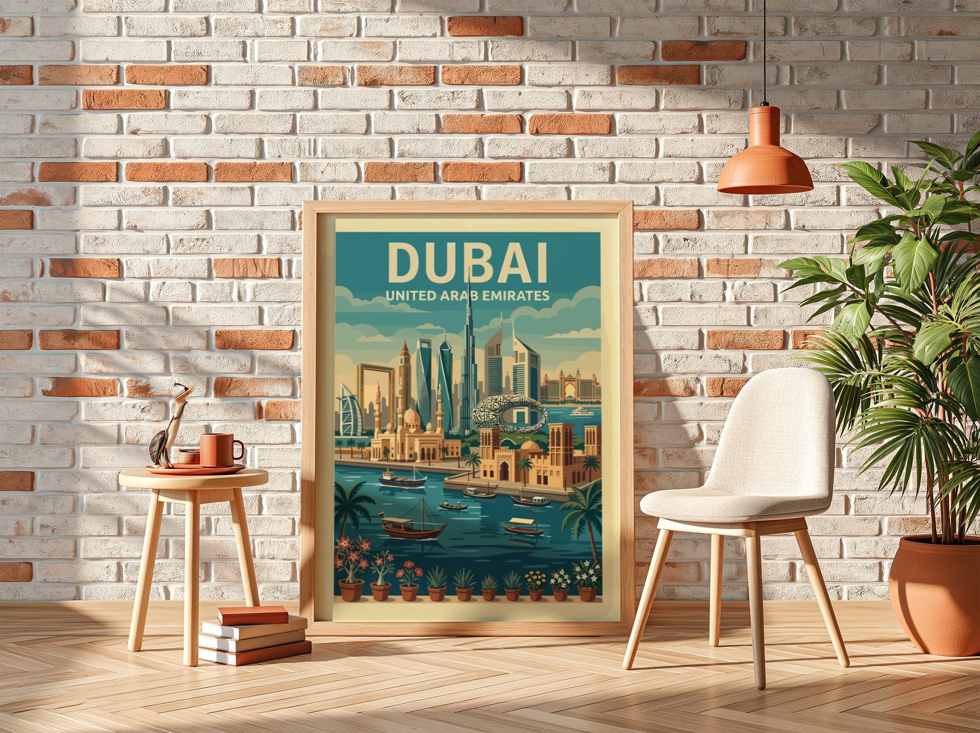 Vintage Dubai skyline travel poster with a retro illustration style and a warm color palette.