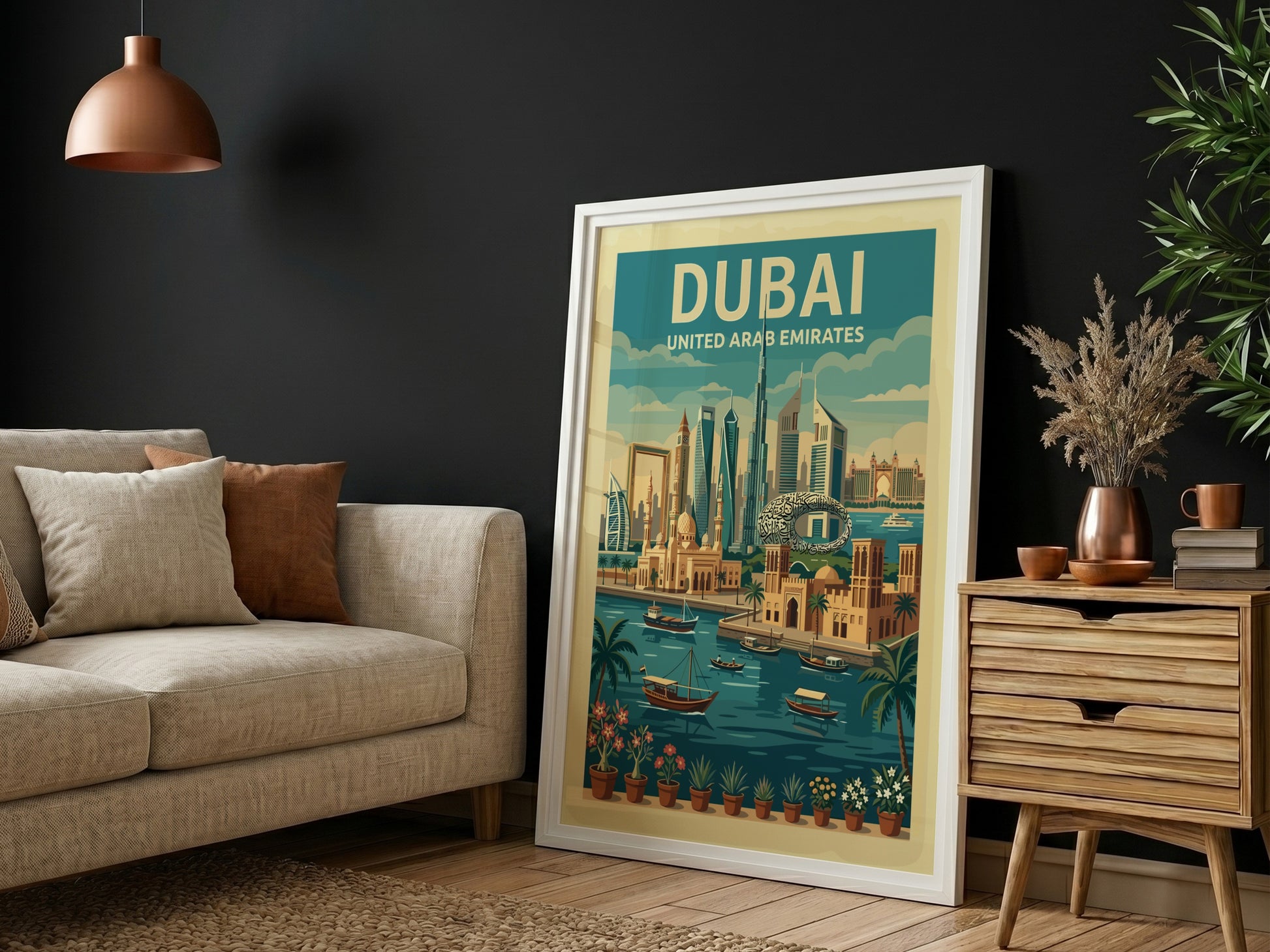 Vintage Dubai skyline travel poster with a retro illustration style and a warm color palette.