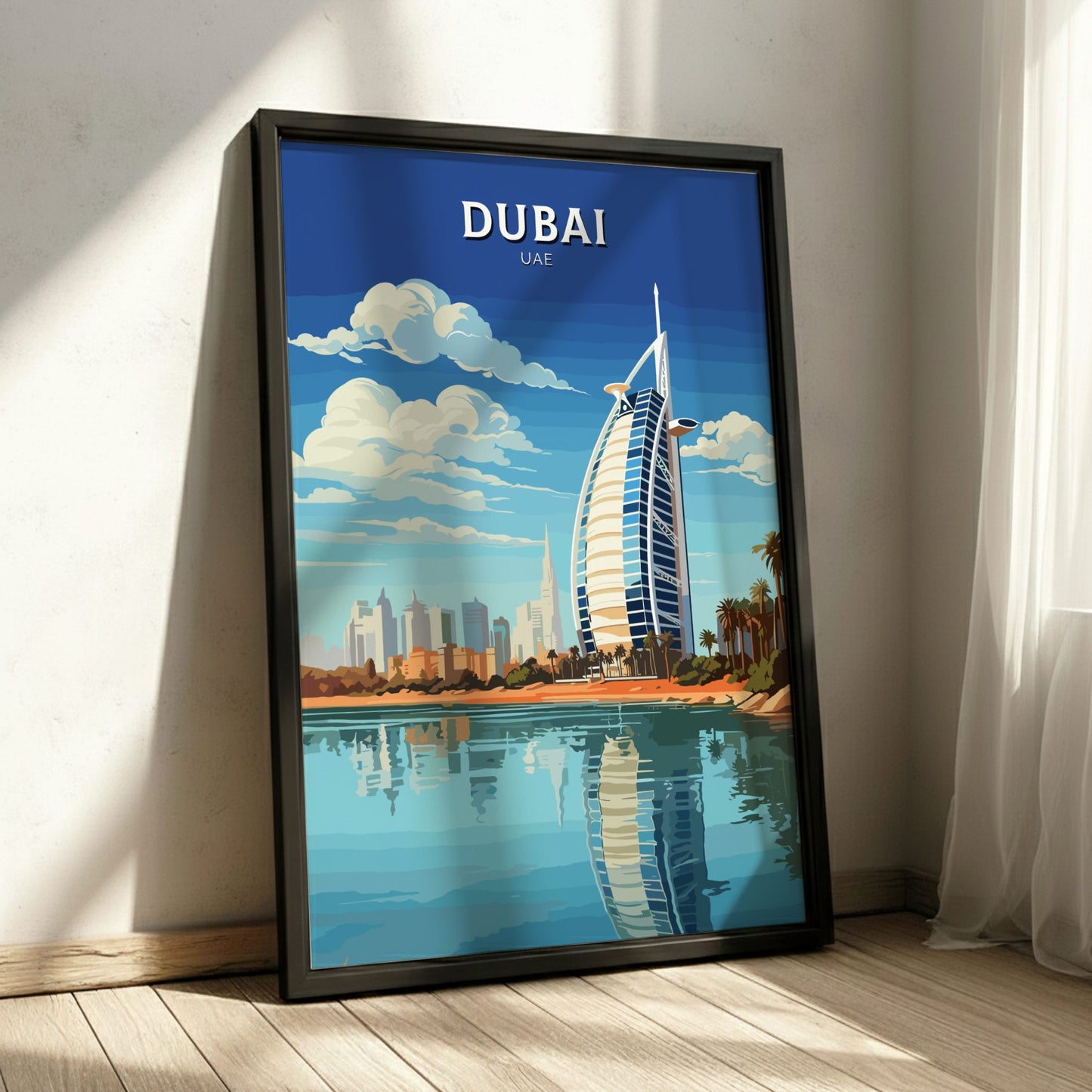 Framed poster of Dubai with Burj Al Arab and city skyline.