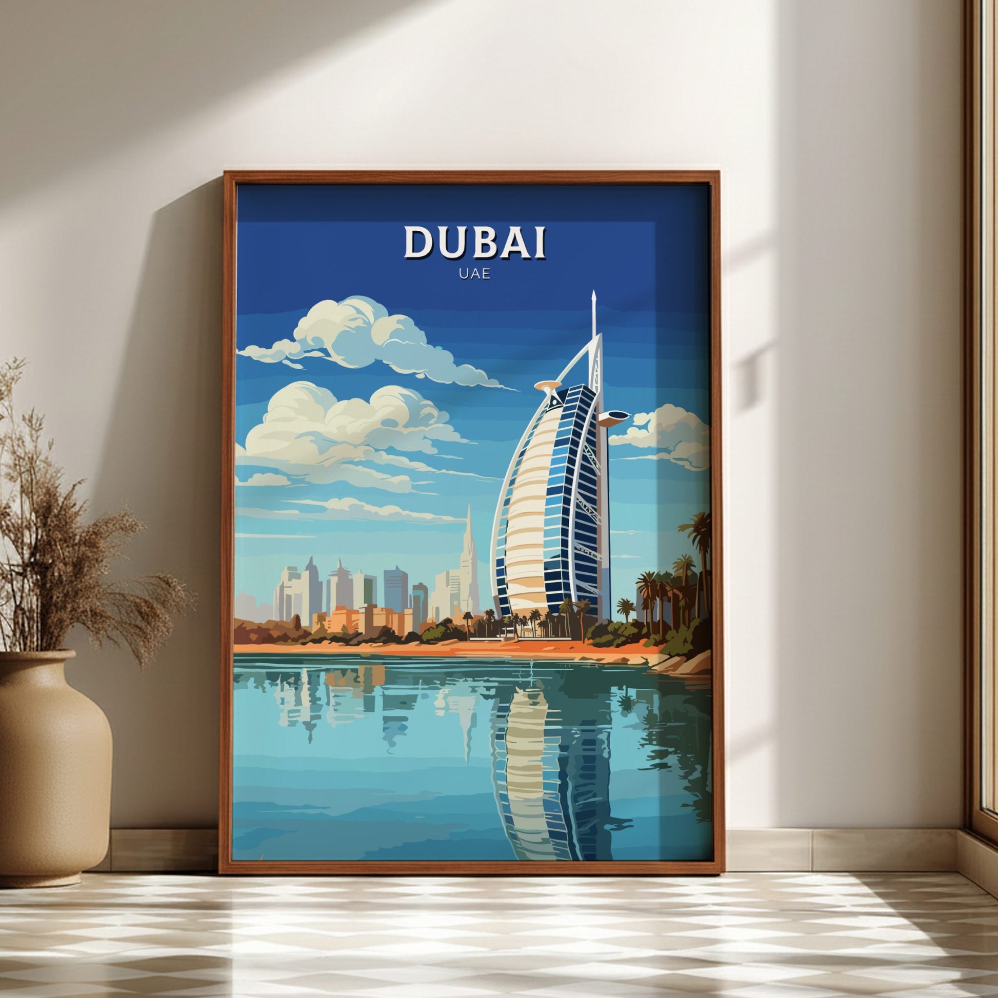 Framed artwork of Dubai with Burj Al Arab and city skyline.