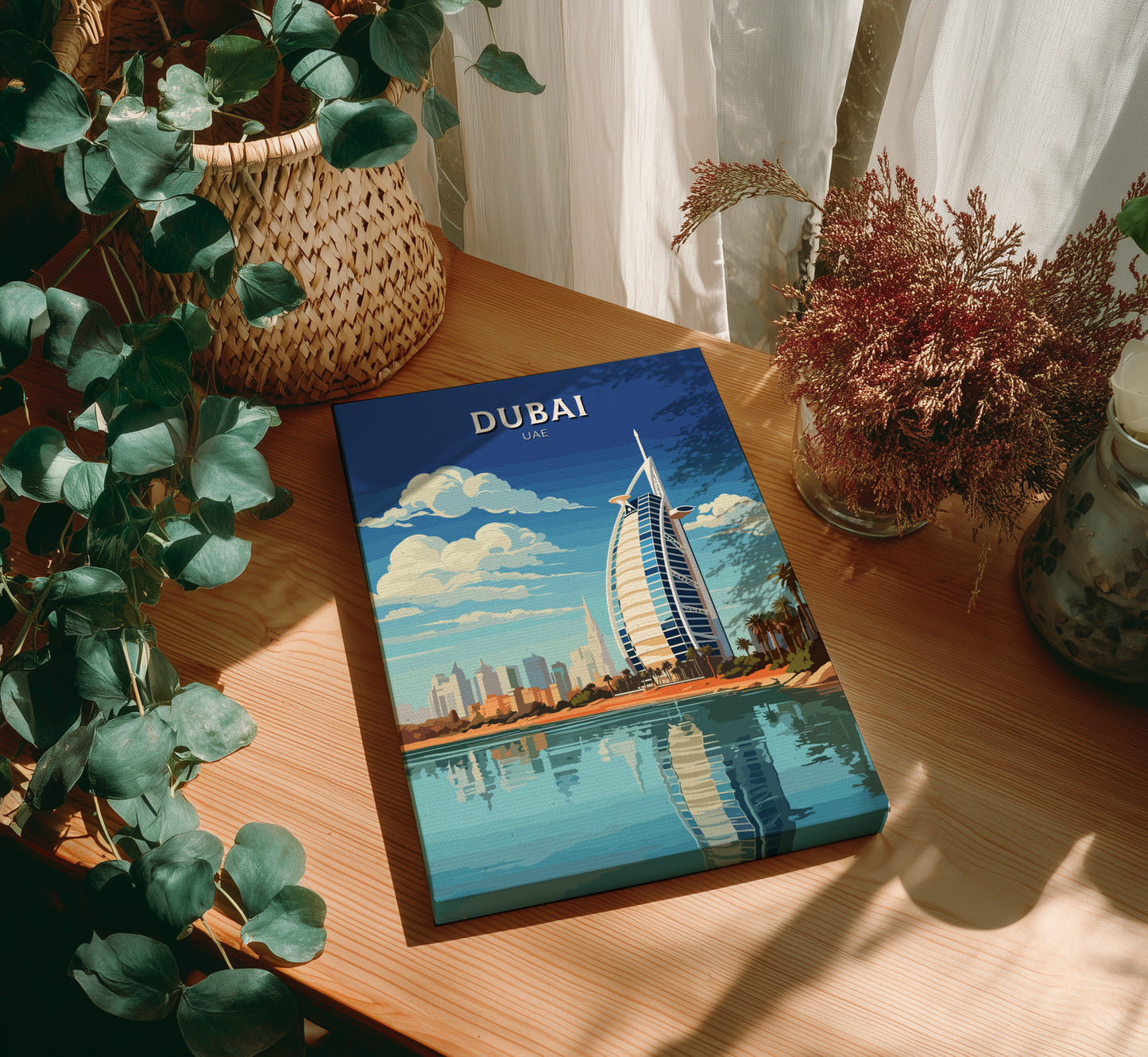 Book titled 'Dubai' on a wooden table with plants around