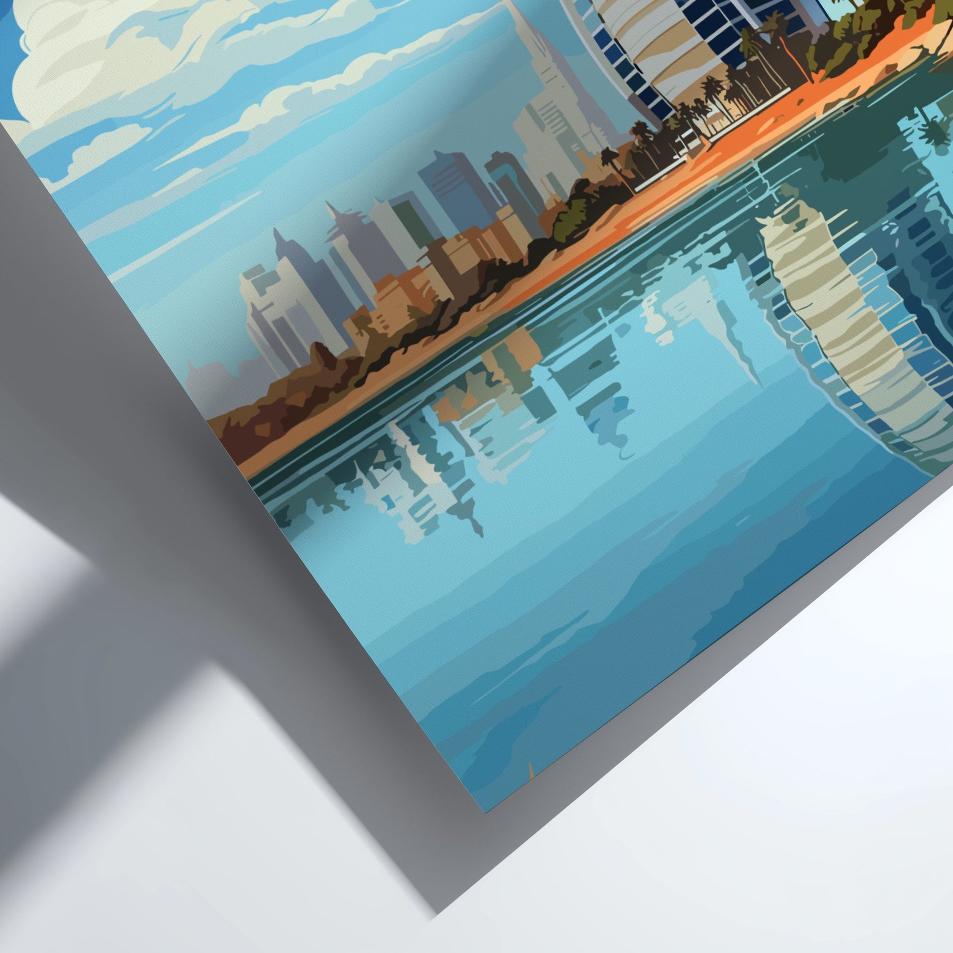 City skyline reflected in water with a white background