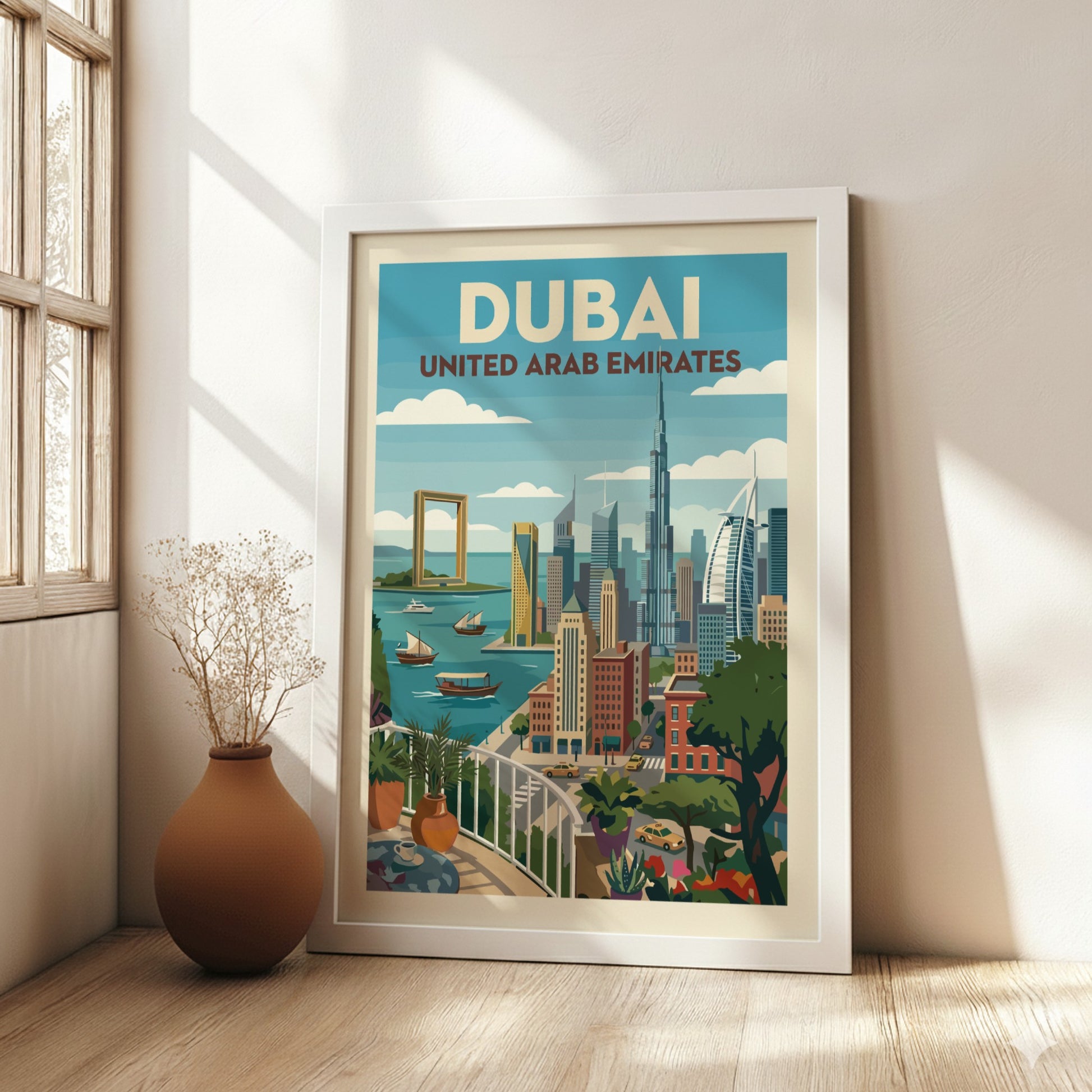 Vintage Dubai skyline travel poster featuring iconic skyscrapers and the Dubai Frame in a colorful