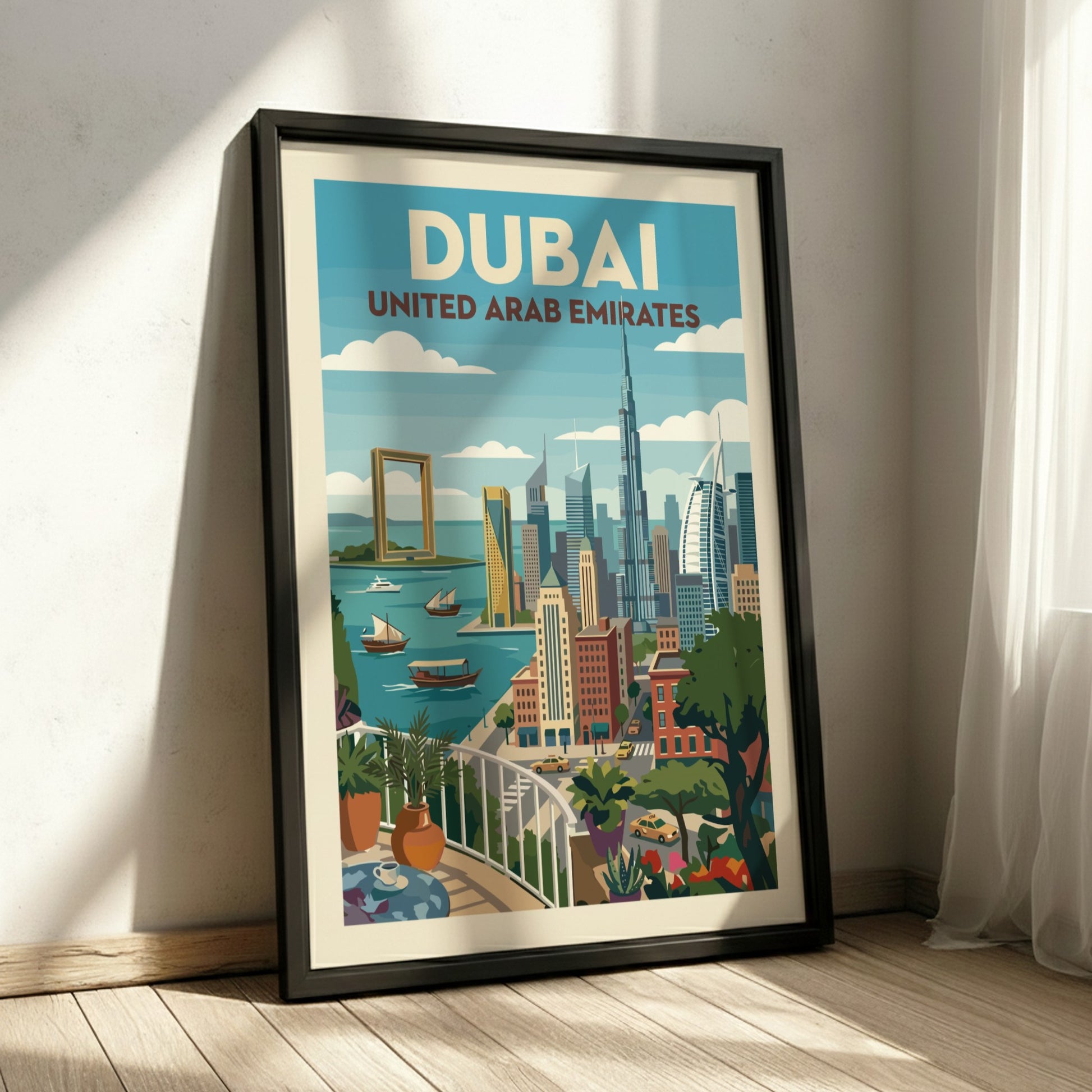 Vintage Dubai skyline travel poster featuring iconic skyscrapers and the Dubai Frame in a colorful