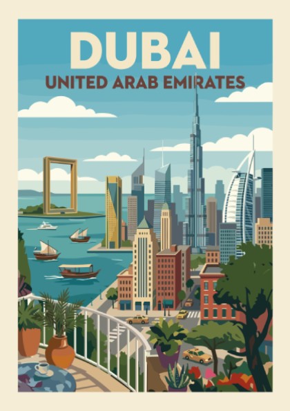 Vintage Dubai skyline travel poster featuring iconic skyscrapers and the Dubai Frame in a colorful