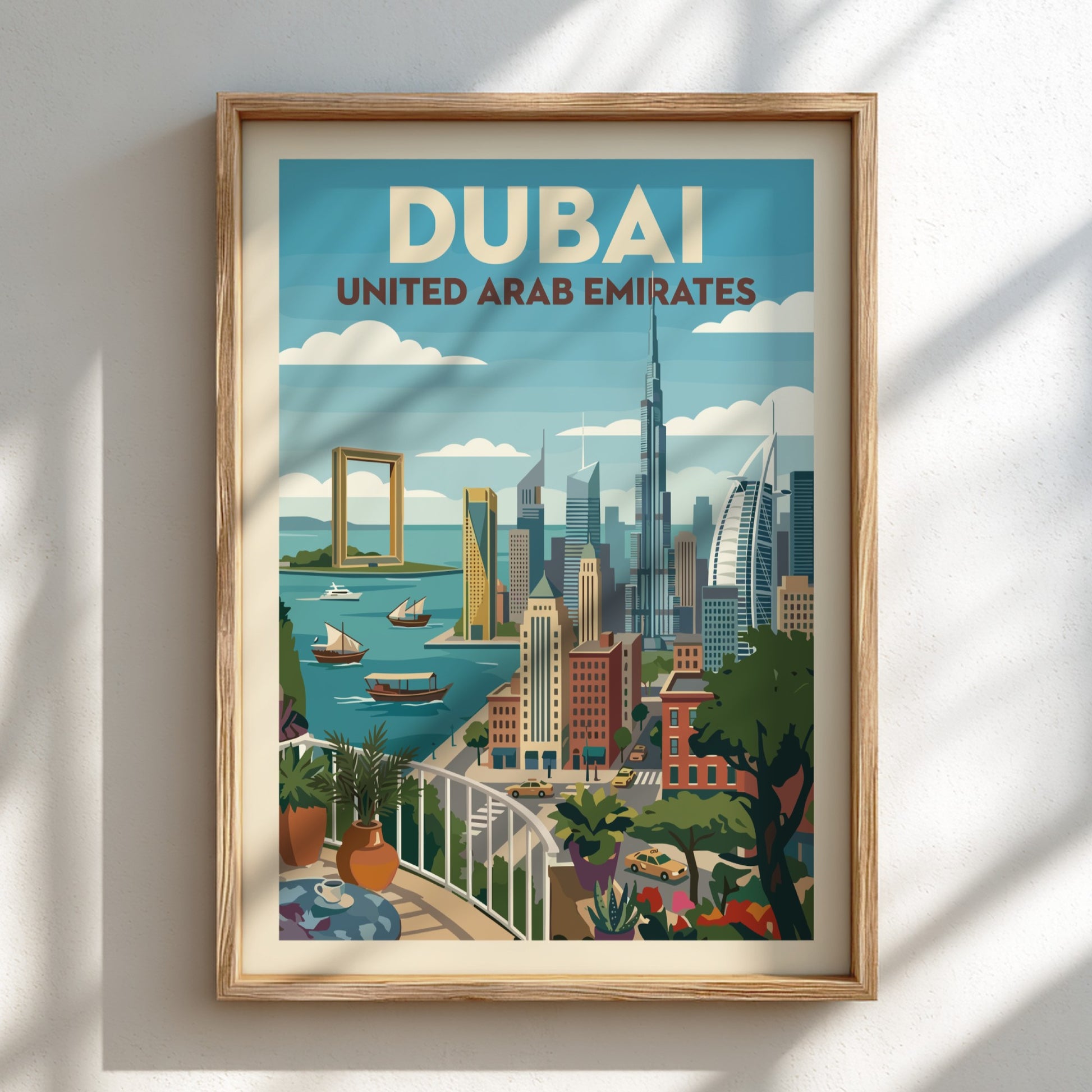 Vintage Dubai skyline travel poster featuring iconic skyscrapers and the Dubai Frame in a colorful