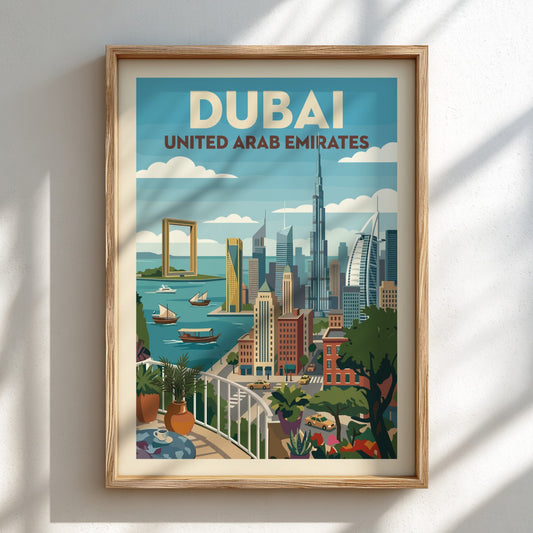 Vintage Dubai skyline travel poster featuring iconic skyscrapers and the Dubai Frame in a colorful