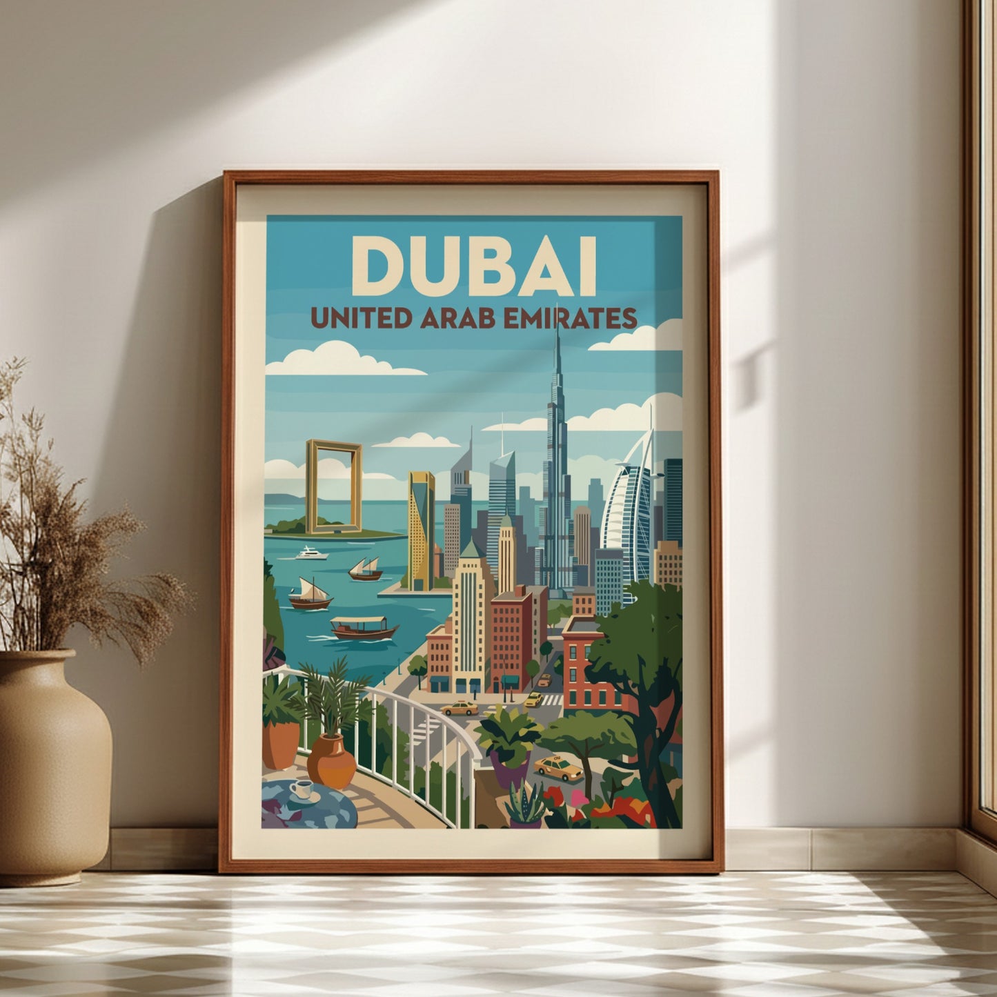 Vintage Dubai skyline travel poster featuring iconic skyscrapers and the Dubai Frame in a colorful