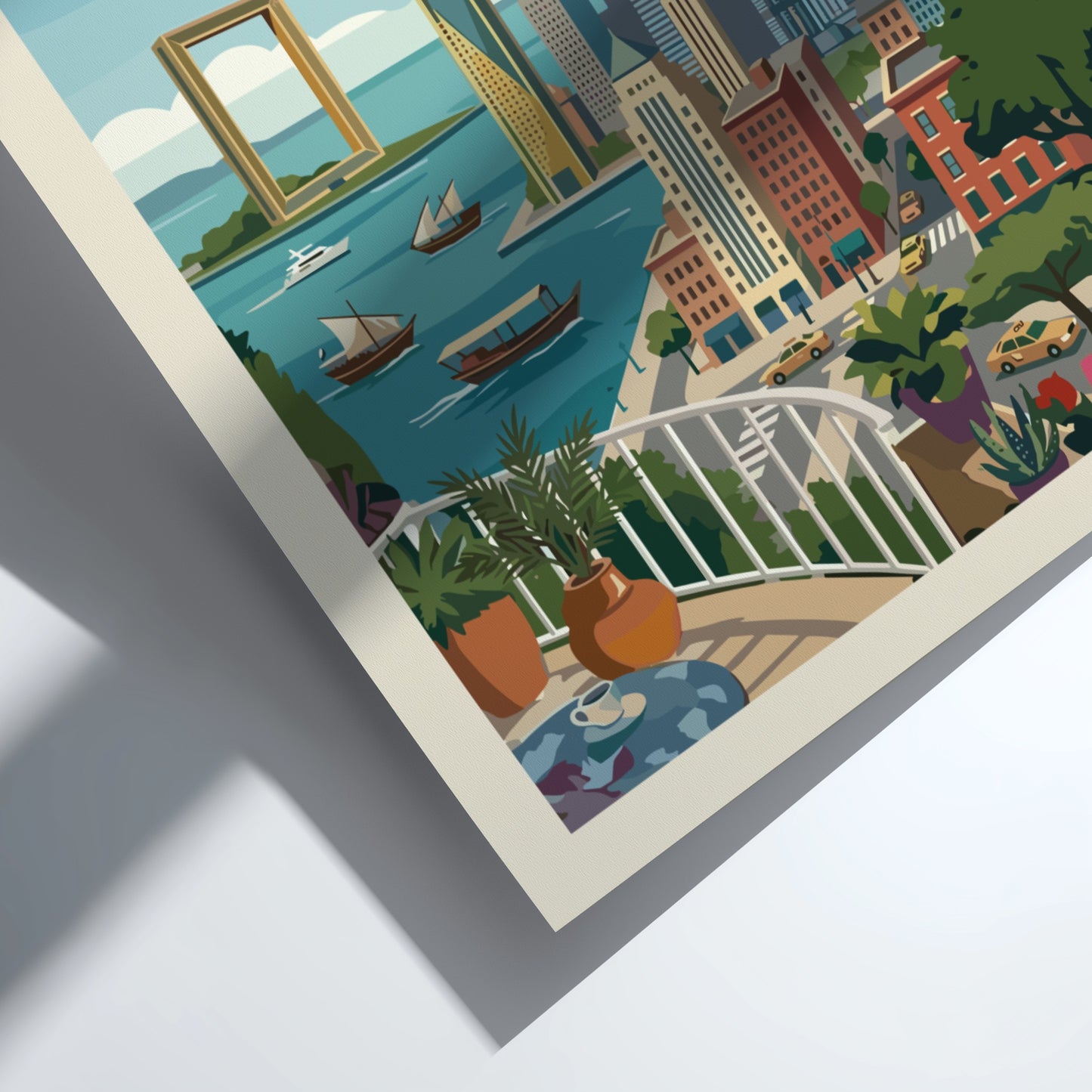 Vintage Dubai skyline travel poster featuring iconic skyscrapers and the Dubai Frame in a colorful