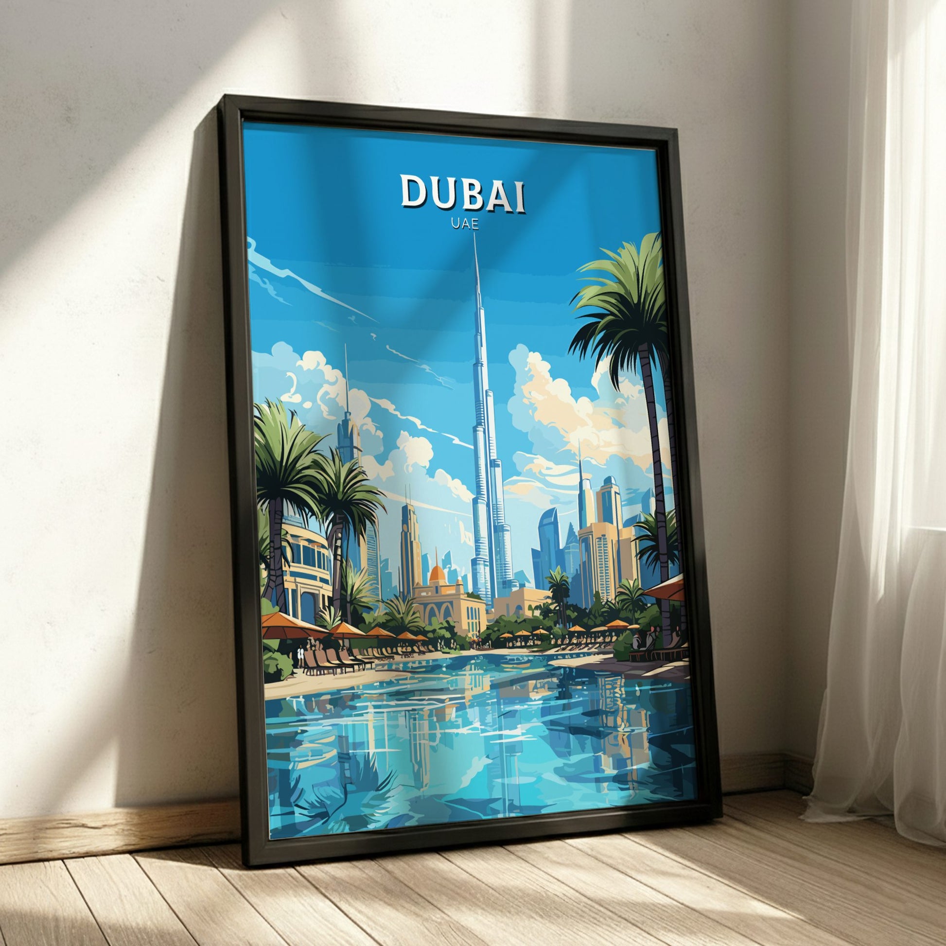 Framed poster of Dubai with Burj Khalifa and palm trees on a blue sky background.