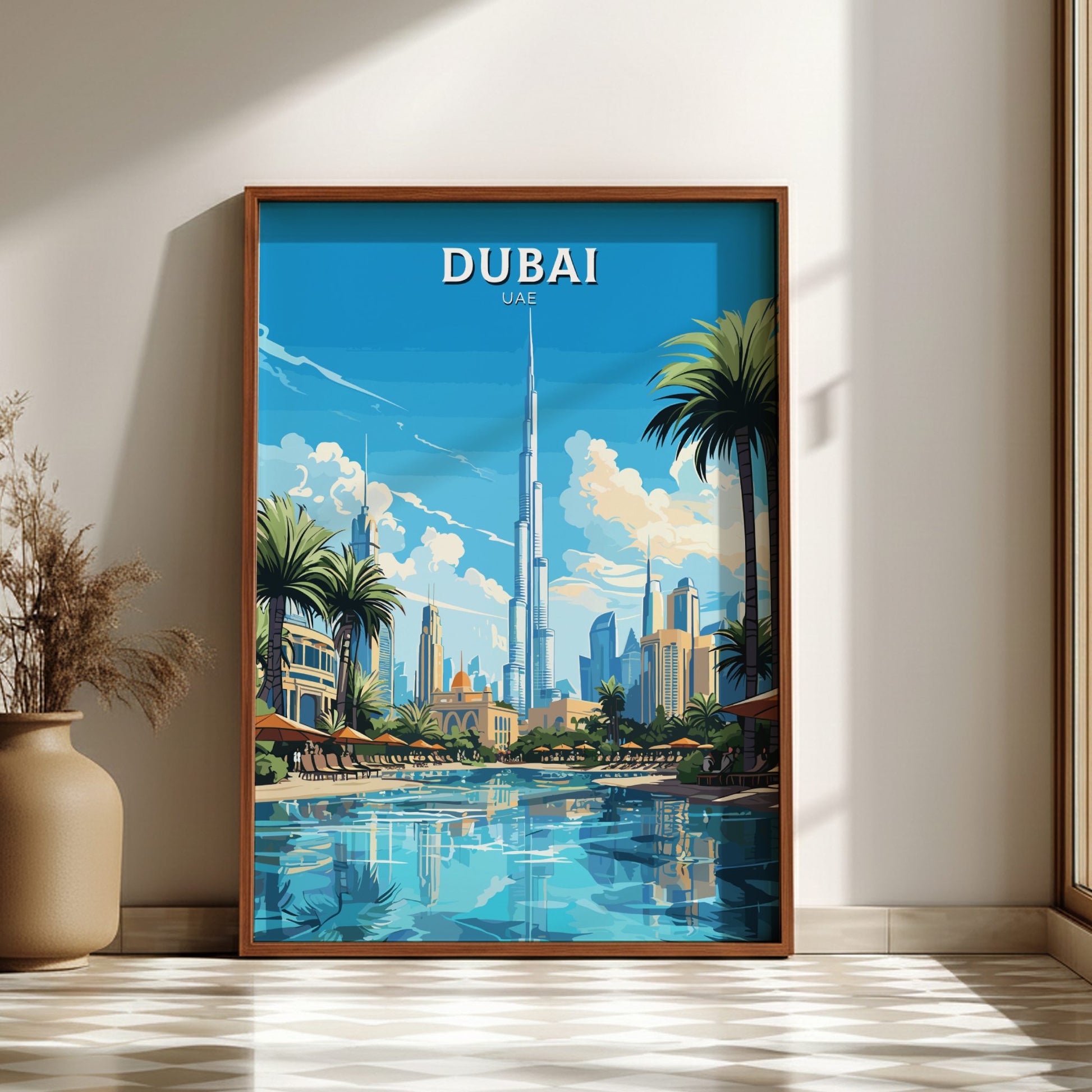 Framed poster of Dubai with palm trees and skyline on a wall.