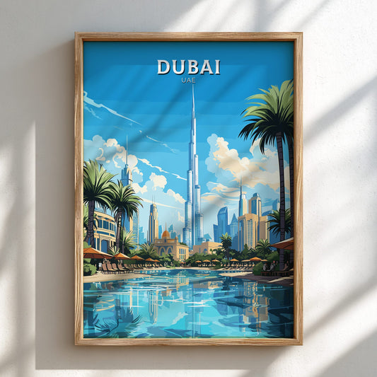 Framed poster of Dubai with Burj Khalifa and palm trees on a blue sky background.