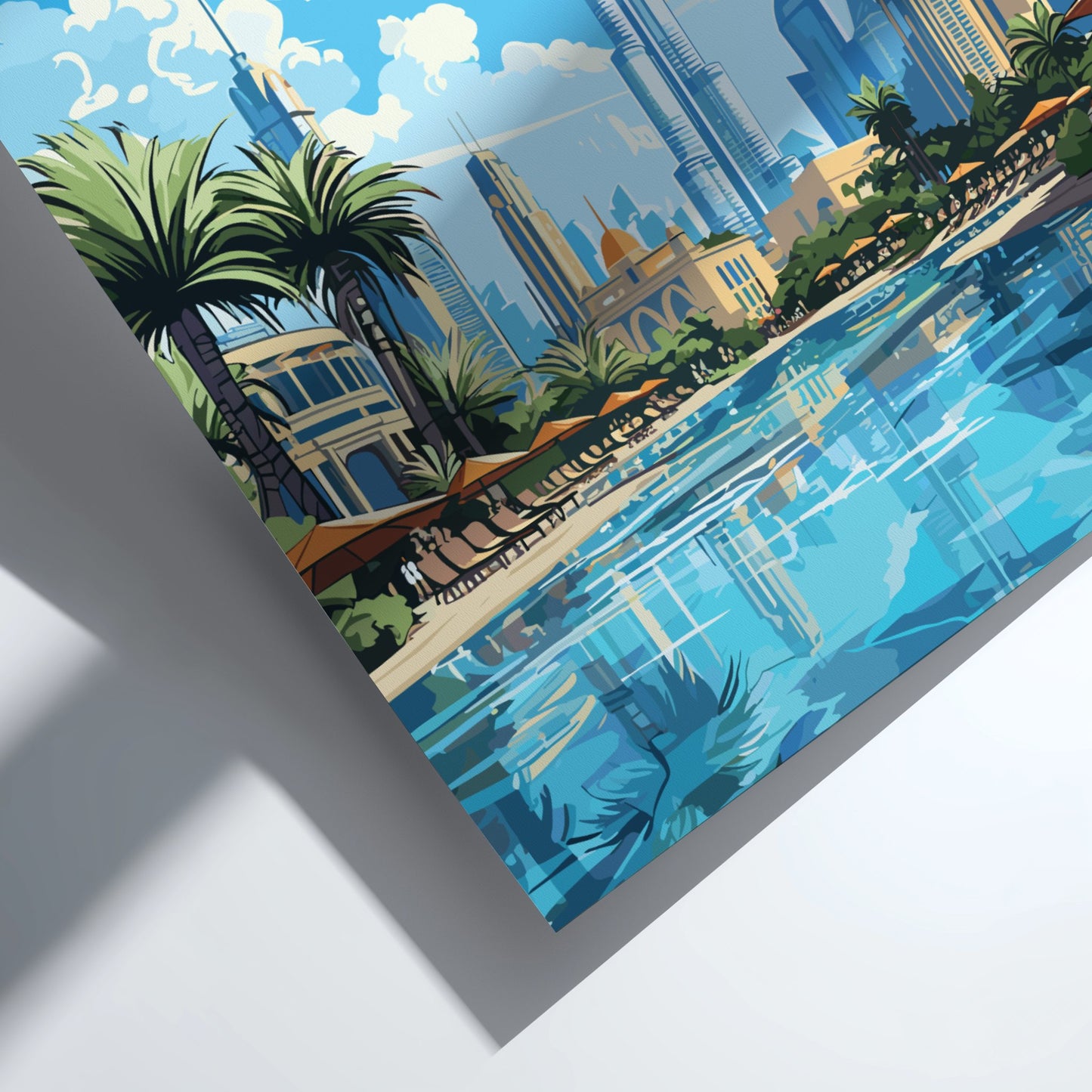 Illustration of a cityscape with palm trees and a pool.