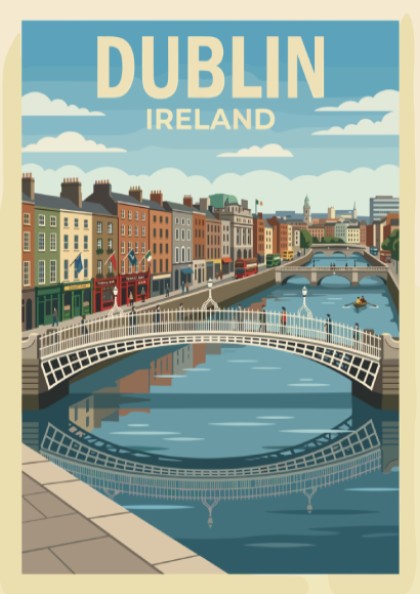 Dublin Ireland travel poster featuring the iconic Ha'penny Bridge over the River Liffey