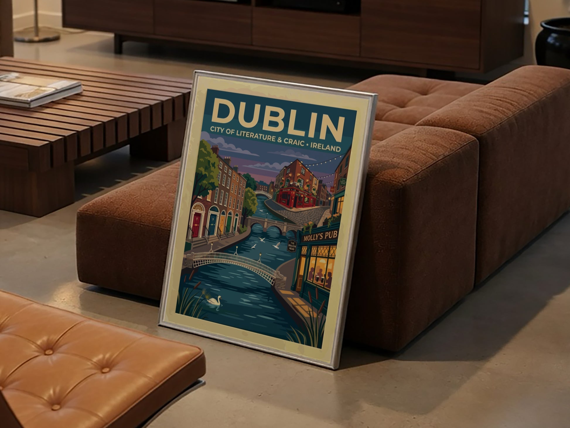 Travel poster of Dublin featuring a river with a swan and historic buildings.