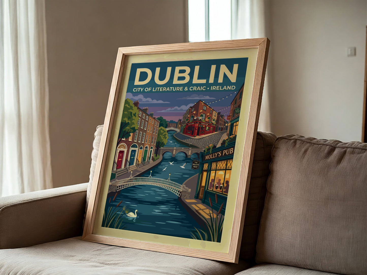 Travel poster of Dublin featuring a river with a swan and historic buildings.