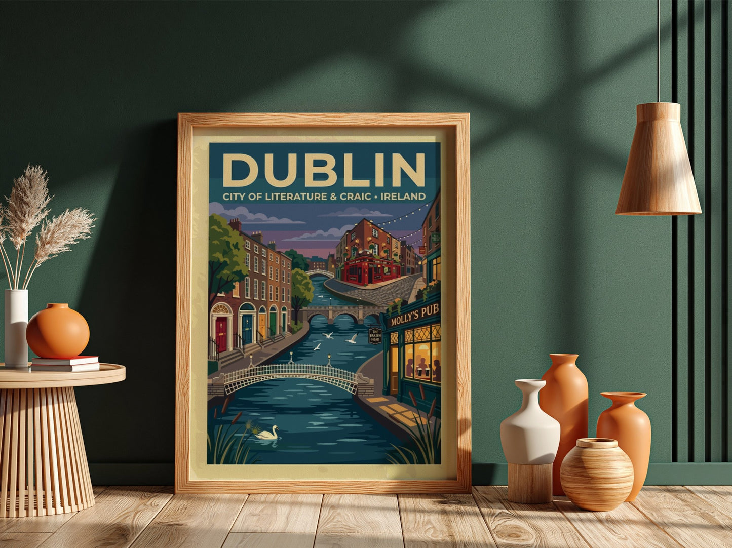 Travel poster of Dublin featuring a river with a swan and historic buildings.