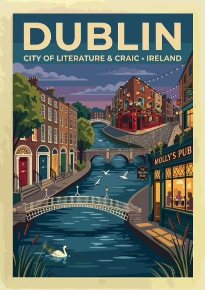 Travel poster of Dublin featuring a river with a swan and historic buildings.
