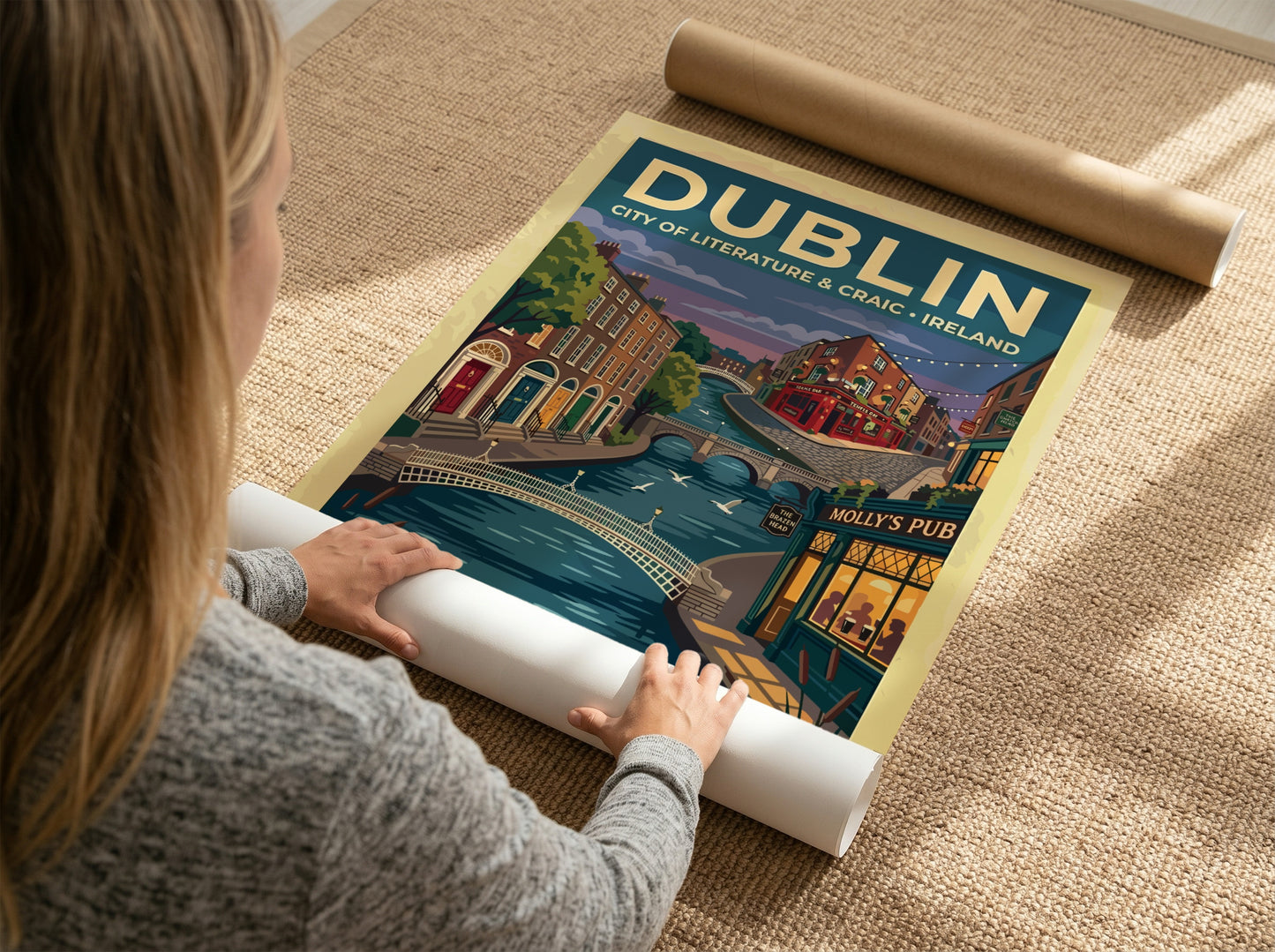 Travel poster of Dublin featuring a river with a swan and historic buildings.