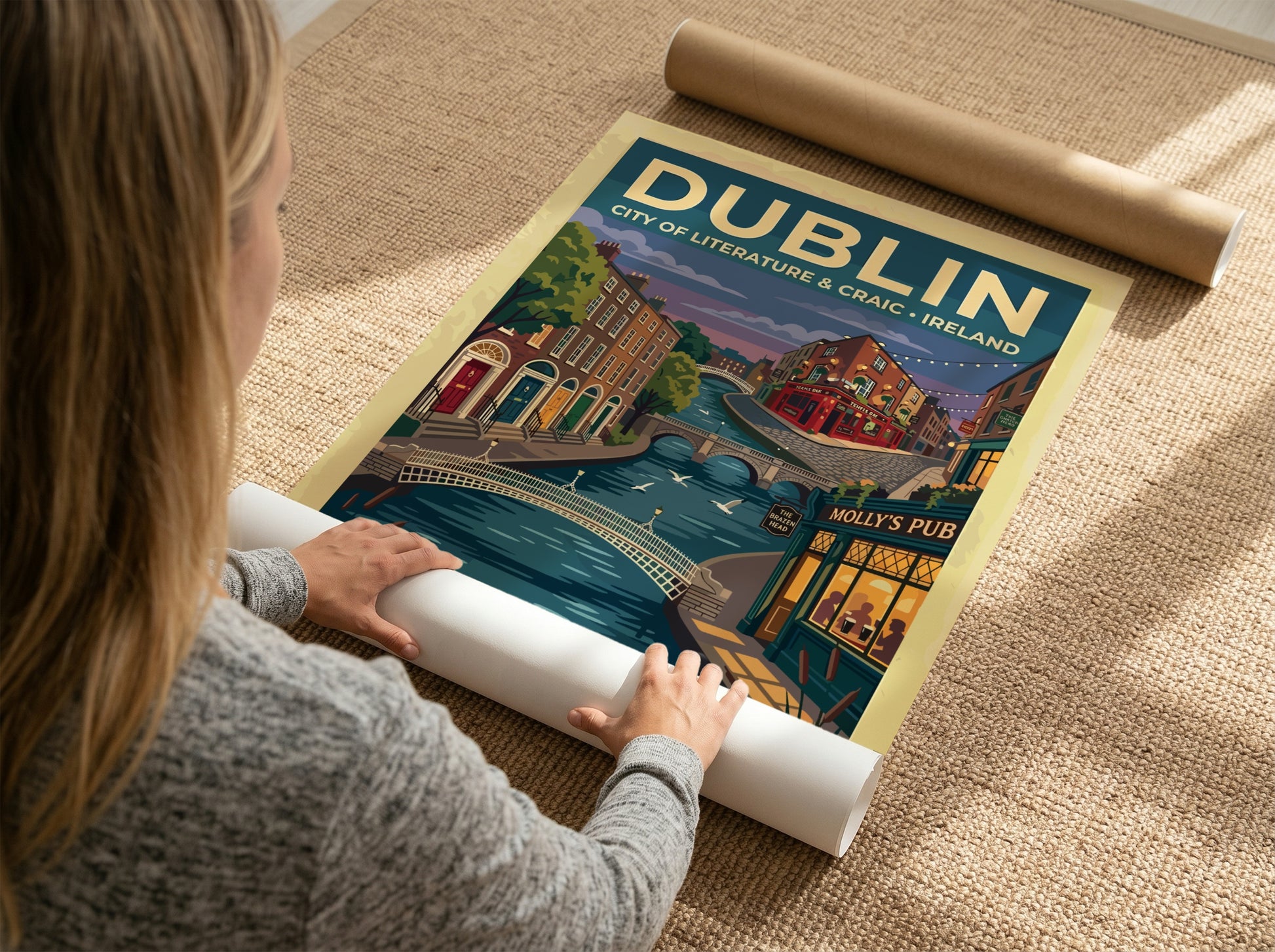 Travel poster of Dublin featuring a river with a swan and historic buildings.