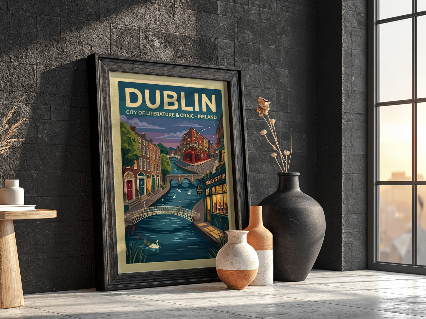 Travel poster of Dublin featuring a river with a swan and historic buildings.