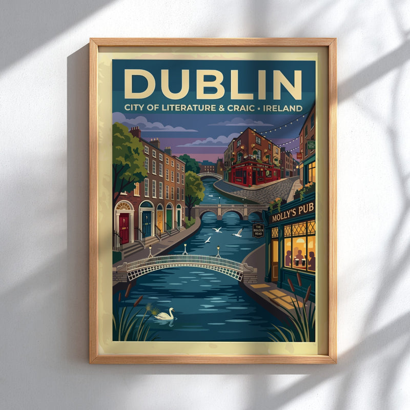 Travel poster of Dublin featuring a river with a swan and historic buildings.