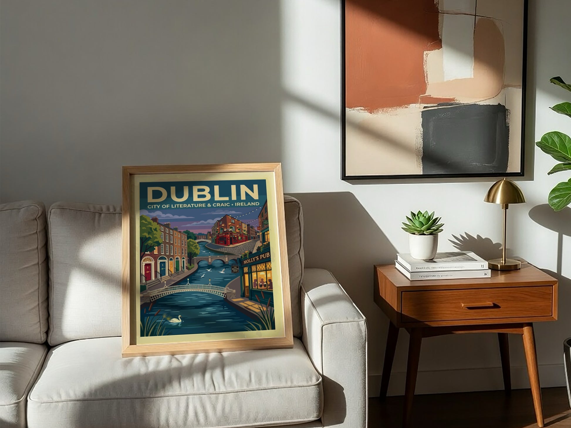 Travel poster of Dublin featuring a river with a swan and historic buildings.