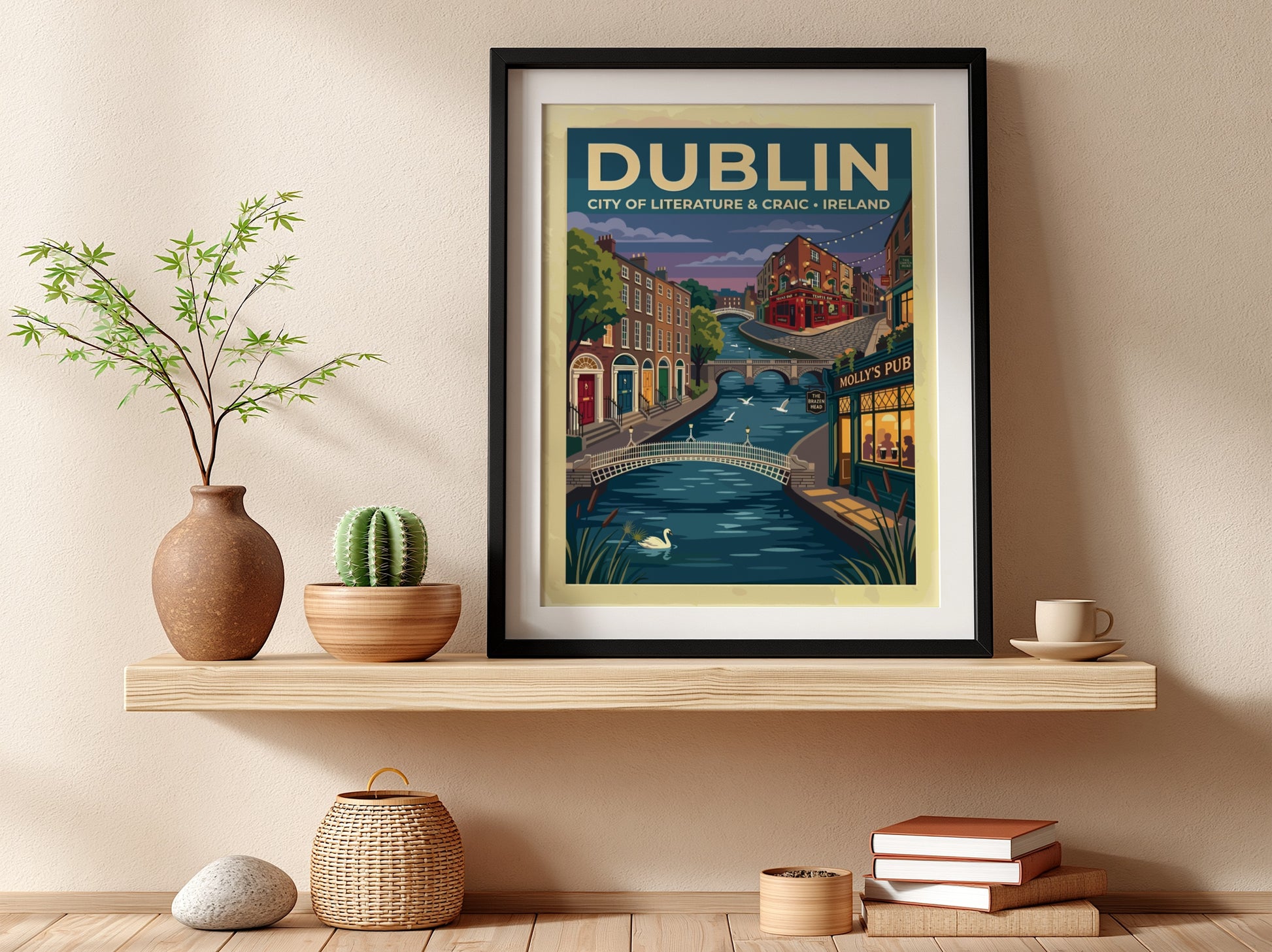 Travel poster of Dublin featuring a river with a swan and historic buildings.