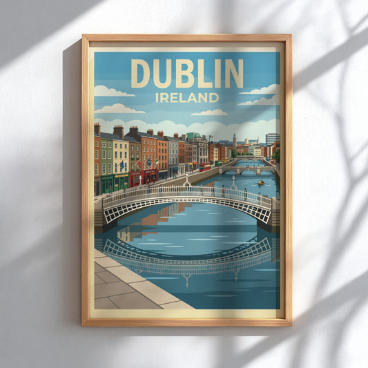 Dublin Ireland travel poster featuring the iconic Ha'penny Bridge over the River Liffey