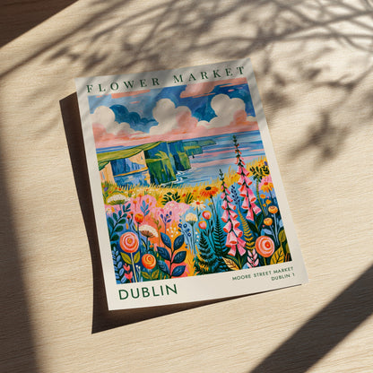 Dublin flower market poster featuring vibrant colors and scenic cliffs