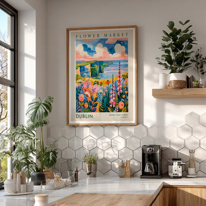 Dublin flower market poster featuring vibrant colors and scenic cliffs