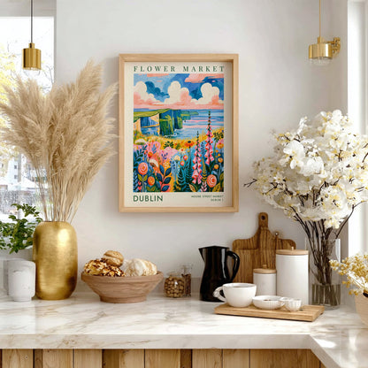 Dublin flower market poster featuring vibrant colors and scenic cliffs