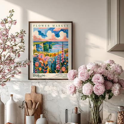 Dublin flower market poster featuring vibrant colors and scenic cliffs
