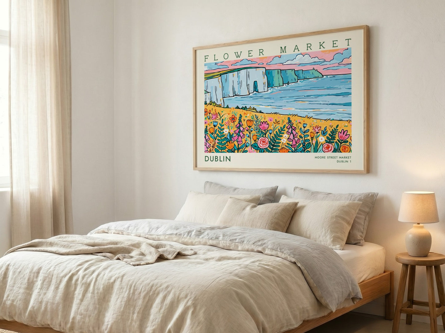 Dublin flower market poster featuring colorful wildflowers and coastal cliffs in a vibrant landscape style
