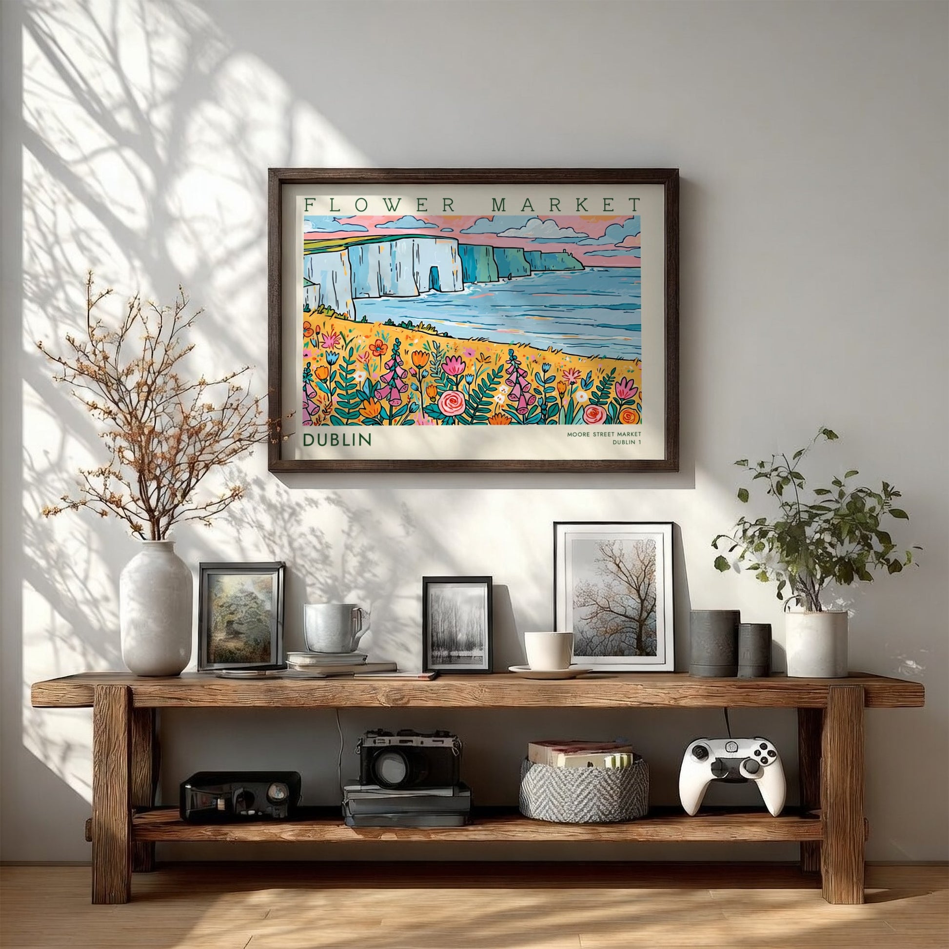 Dublin flower market poster featuring colorful wildflowers and coastal cliffs in a vibrant landscape style