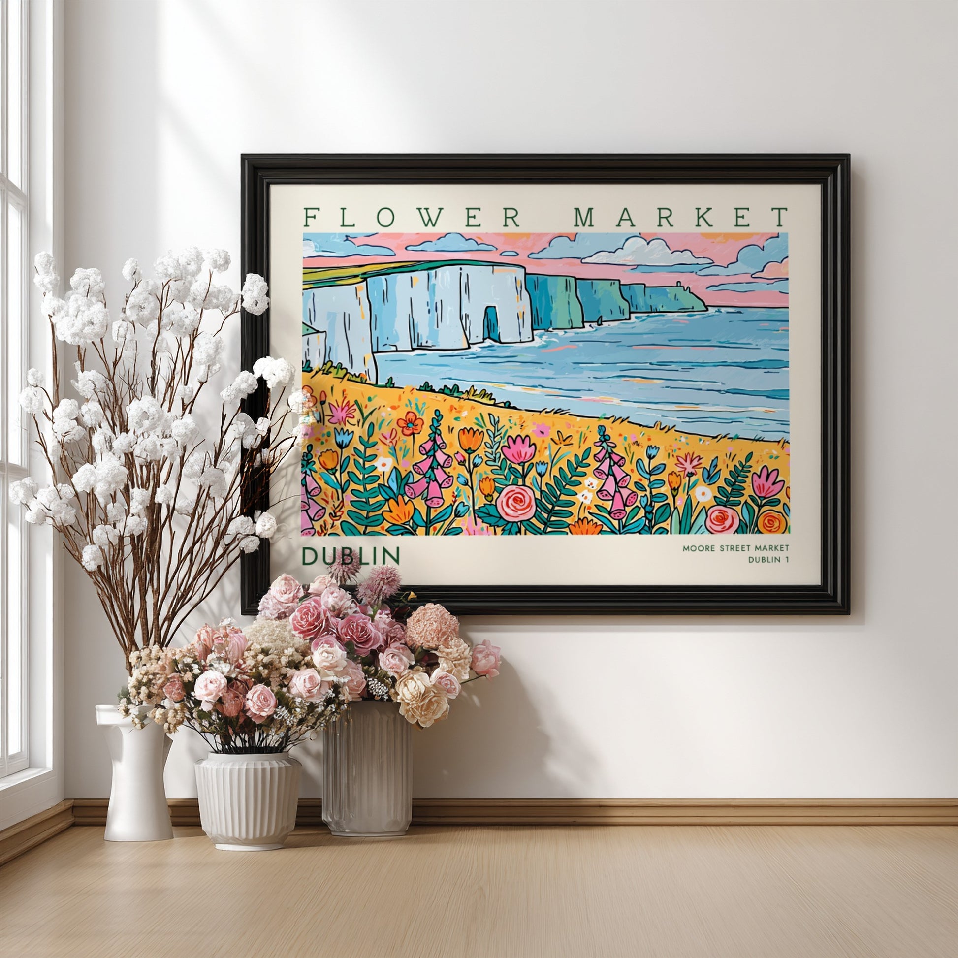 Dublin flower market poster featuring colorful wildflowers and coastal cliffs in a vibrant landscape style