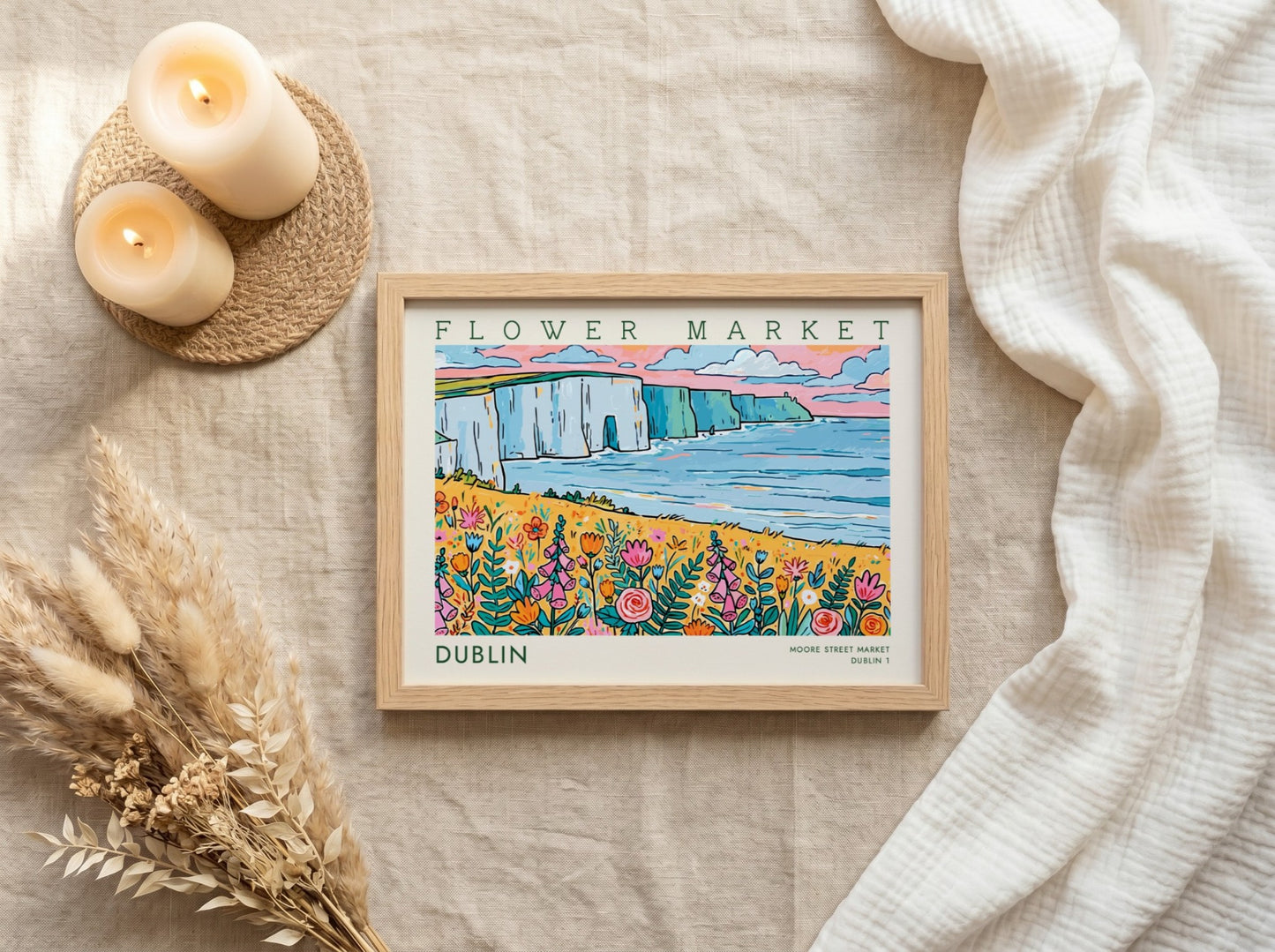 Dublin flower market poster featuring colorful wildflowers and coastal cliffs in a vibrant landscape style